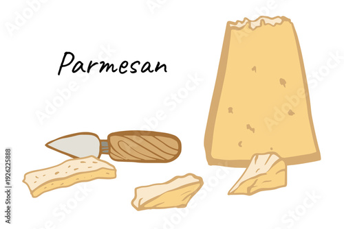 flat vector illustration of a Parmesan cheese block, shards, and rustic knife in warm yellow tones and hand-drawn outline style. Ideal for menus, packaging, recipes, blogs and icons.