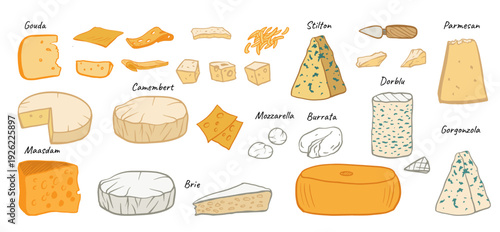 hand-drawn flat vector illustration set of various cheese types with warm line art and labels  for menus, packaging, blogs, recipe cards, icons, and culinary branding.