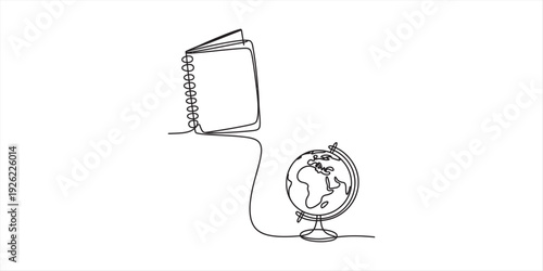 Continuous line drawing of a spiral notebook and a world globe for education and travel concepts. isolated on white background, Vector, illustration