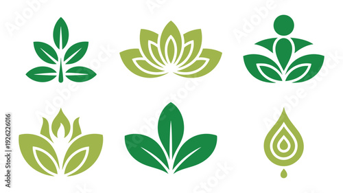Collection of stylized green botanical and meditative symbols in minimalist design