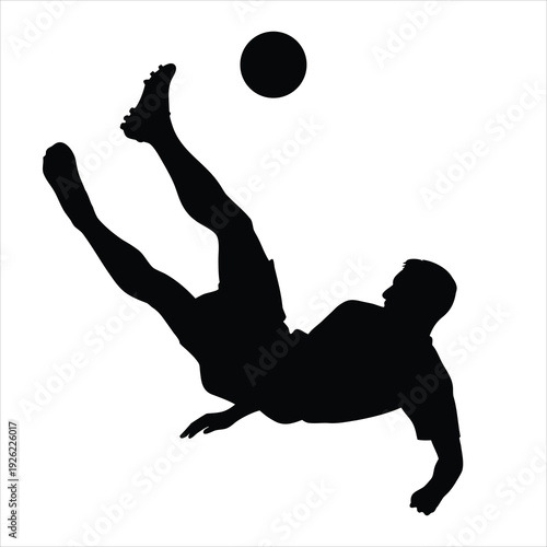 Silhouette of Soccer Player Performing Bicycle Kick, Footballer Mid-Air Acrobatic Volley Action Isolated on White Background