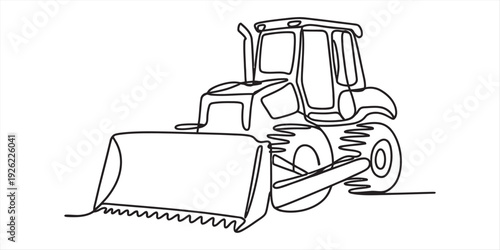 Continuous line drawing of a heavy construction bulldozer with a large front blade and cabin isolated on white background, Vector, illustration