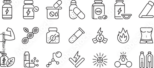 Collection of various laboratory and household chemical icons isolated on transparent background