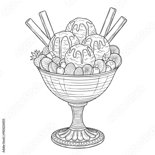 A detailed black and white line drawing of an ice cream sundae in a glass bowl with fruit and wafer sticks.