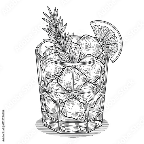 A detailed black and white line drawing of a cocktail on the rocks garnished with a sprig of rosemary and a citrus wedge.