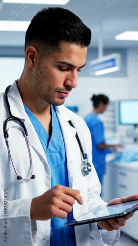 Focused Male Doctor In White Coat And Blue Scrubs Uses Digital Tablet In Bright Modern Hospital Setting