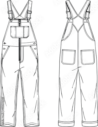 Front and back view workwear overalls technical drawing, adjustable strap bib pants with utility pockets detailed garment outline illustration