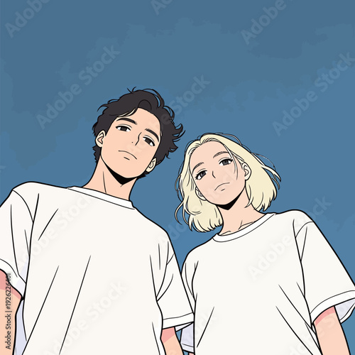 Two friends stand close, looking up at the camera against a bright blue sky with some clouds in the background during the day.