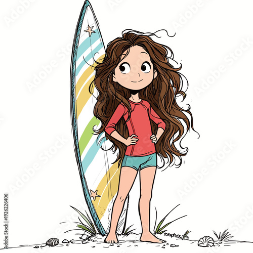 A girl with long hair poses confidently by her surfboard at the beach. She wears a red shirt and shorts on a bright day.