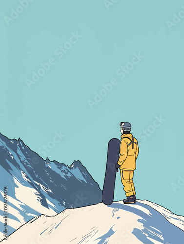 A snowboarder stands on a snowy mountain top looking across slopes under a clear sky. It is a sunny day in a winter setting.
