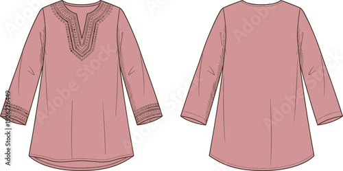 Embroidered women tunic top vector illustration, front and back view ethnic boho blouse design isolated on white
