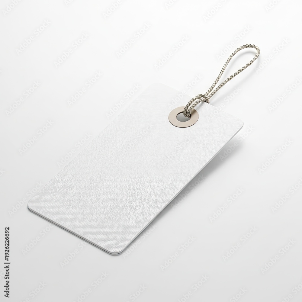 Fototapeta premium Blank white gift tag with metal ring and chain on white background