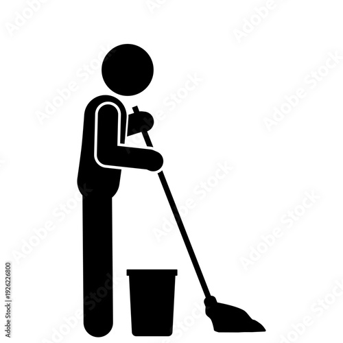 Stick figure mopping floor cleaning surface.