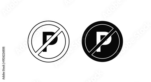 Set of two graphic icons clearly illustrating the universal no parking symbol in both outline and solid black vector design styles