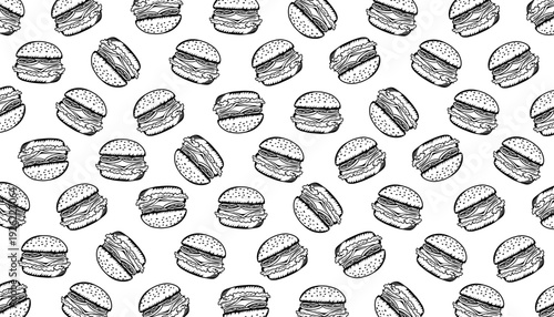 Burger Seamless Pattern. Hand Drawn Fast Food Illustration. Cheeseburger Repeating Background. Minimal Doodle Vector Texture.