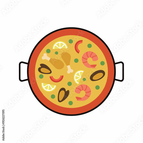 A top-down view of a delicious paella dish filled with colorful ingredients like shrimp, mussels, chicken, and lemon slices in a wide pan