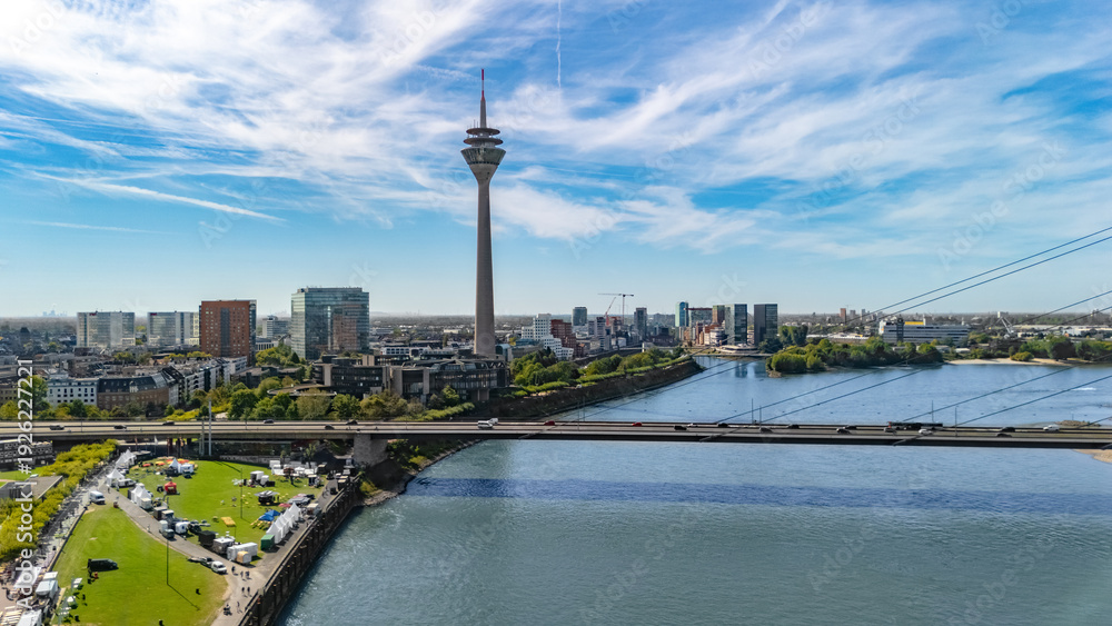 Obraz premium Dusseldorf city skyline aerial drone view from above, Medienhafen, bridge and river Rhine, Germany 