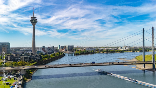 Canvas Print Dusseldorf city skyline aerial drone view from above,  Medienhafen, bridge and r