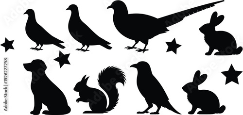 Collection of black silhouette animals and birds including rabbits, dog, squirrel, pigeon, and pheasant, with scattered stars