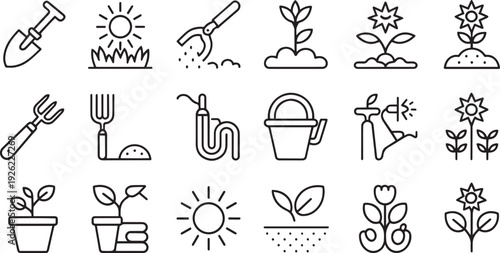 Hand drawn gardening tools and plant growth stages isolated on transparent background