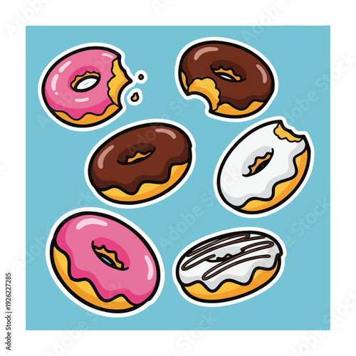 A colorful illustration of six cartoon donuts on a blue background