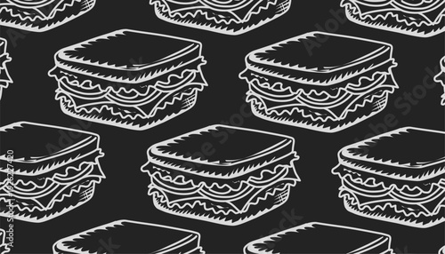 Sandwich background Pattern. Hand Drawn Fast Food Illustration. Sandwich Repeating Background. Minimal Doodle Vector Texture.
