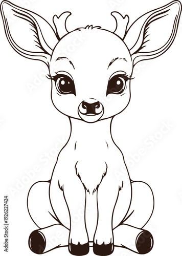 Baby deer sitting pose contour vector, soft rounded line style, isolated white background 1