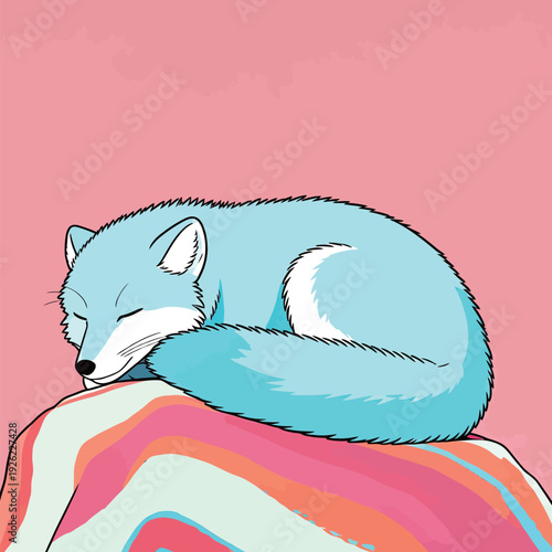 A blue fox is curled up and sleeping on a rock that has bright colors. The background is soft pink and it is daytime.