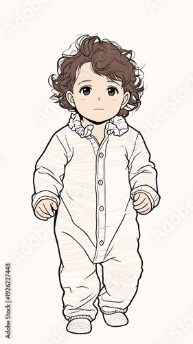 A child with curly hair walks around wearing a soft outfit. The setting is bright, showing playful energy indoors.