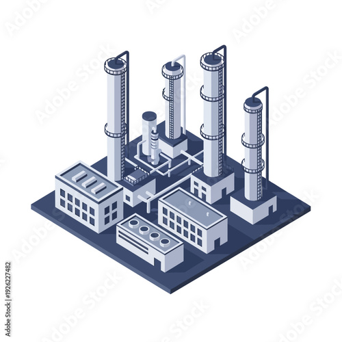 3D Isometric Factory Model with Industrial Chimneys.