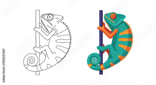 A vibrant cartoon chameleon with bright orange and teal colors climbs a purple branch, presented alongside a black and white outline version perfect for a children's coloring book.