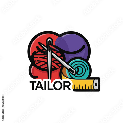A colorful logo for a tailor with yarn and tools