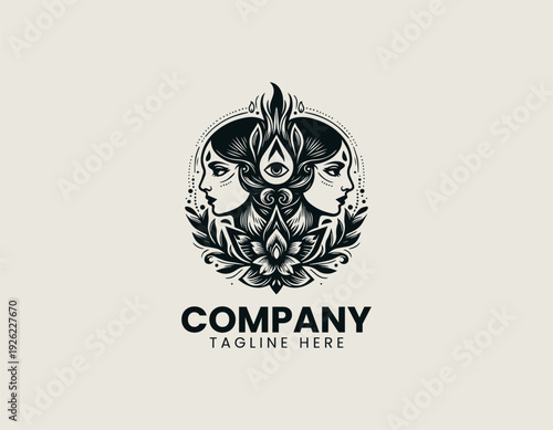 Symmetrical feminine profiles with ornamental eye and lotus black vector logo illustration