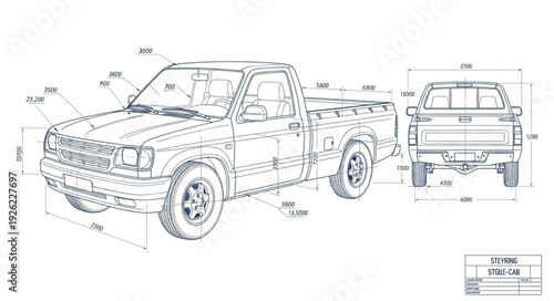 Detailed Technical Drawing of Pickup Truck.