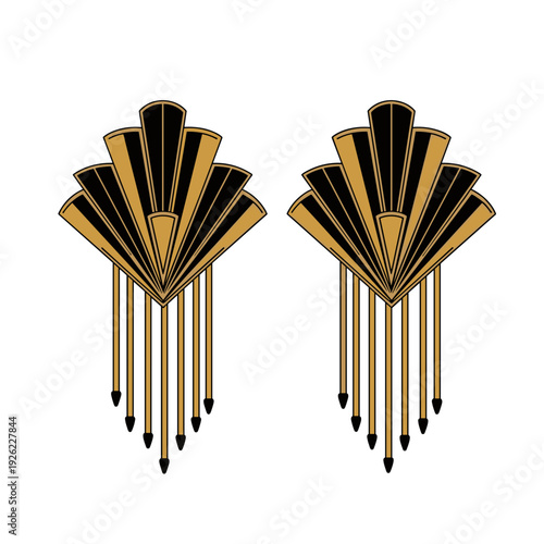 Elegant tassel earrings with art deco design, featuring black and gold geometric shapes, isolated on a white background