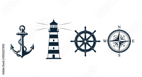 Nautical themed illustrations featuring anchor, lighthouse, ship wheel, and compass.