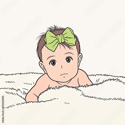 A baby lies on a soft blanket with a green bow in their hair, looking curiously at the camera during playtime indoors.