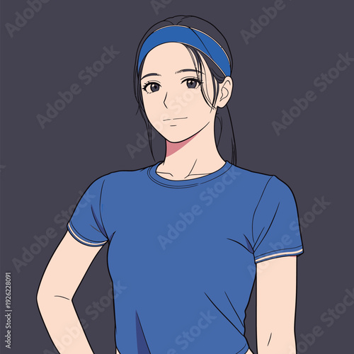A young woman stands with a confident pose wearing a blue shirt and headband. She looks directly at the viewer in a simple backdrop.