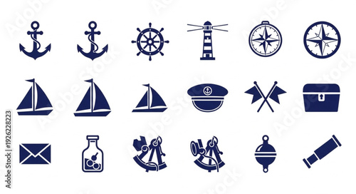Nautical themed collection of navy blue maritime symbols and icons for design.