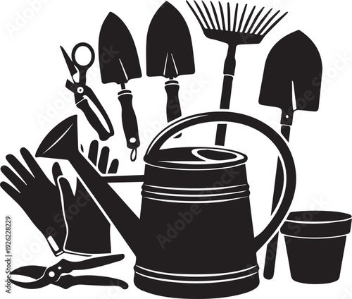 Gardening tools and equipment in a black and white illustration