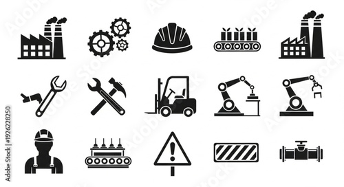 Industrial icons representing factory, gears, safety, and manufacturing processes, all in black and white.