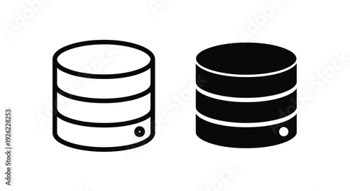 Two distinct database storage icons one outlined and one solid black representing data management and information systems concepts clearly visualized