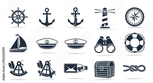 Collection of nautical themed icons representing maritime navigation and exploration.
