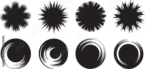 Set of eight circular abstract spiral and radial line patterns in black and white