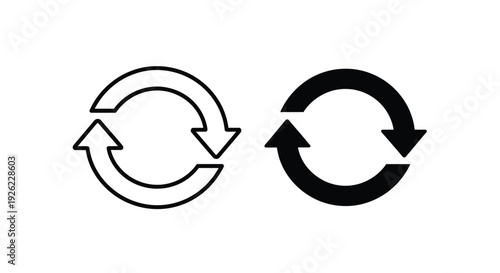 Two distinct circular refresh icons one outlined and one solid black showing a continuous cycle of rotation and renewal symbols