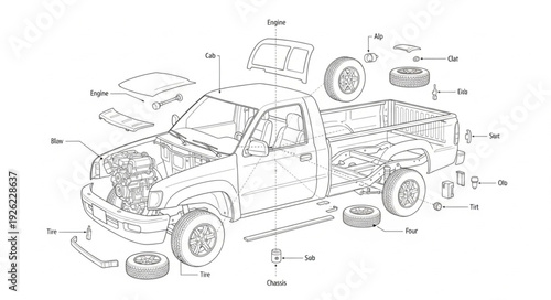 Detailed Diagram of Pickup Truck Parts.