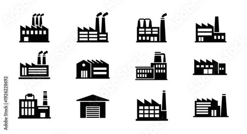 Collection of various factory buildings in black and white, industrial design.