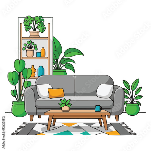 A cozy living room with a gray couch, coffee table, and plants