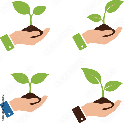 Hands nurturing young plants with different smartwatch bands