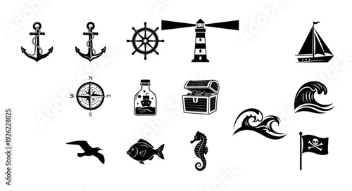 Collection of nautical themed illustrations featuring anchors, ships, and maritime elements.